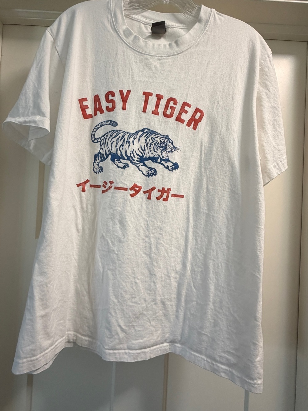 Easy Tiger White Graphic Tee with Blue Tiger Print